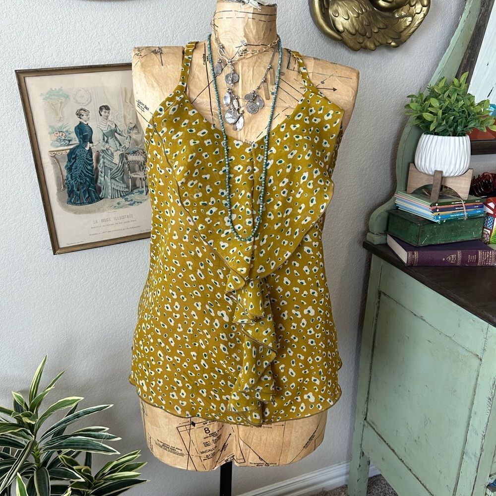 Mine‎ Yellow/Green Blue Floral Ruffle Sheer Adjustable Strap Sleeveless Blouse L
